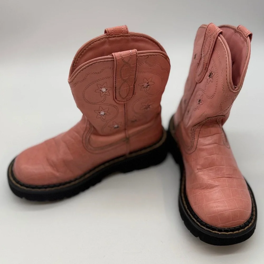 Roper Kids Pink Croc Embossed Star Western Cowboy Boots Size 11 09-018-1530-1505